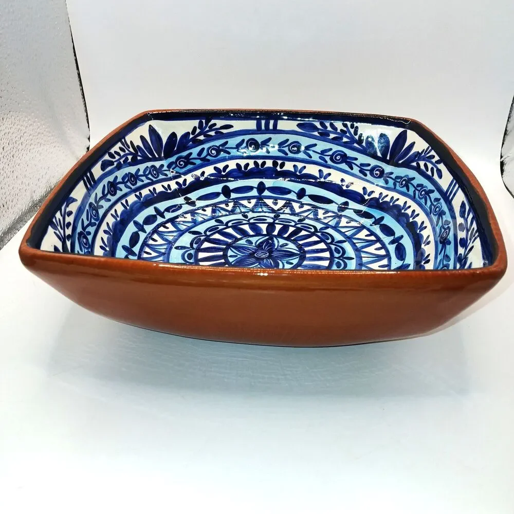 Olaria S.P Corval Bowl Hand Painted Blue & White Terracotta Mandela Pattern 9x9